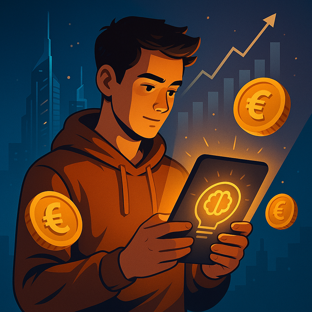 Jeune créateur digital utilisant l’intelligence artificielle pour lancer un business à 0€, entouré d’éléments futuristes et de symboles du Digital Circle.