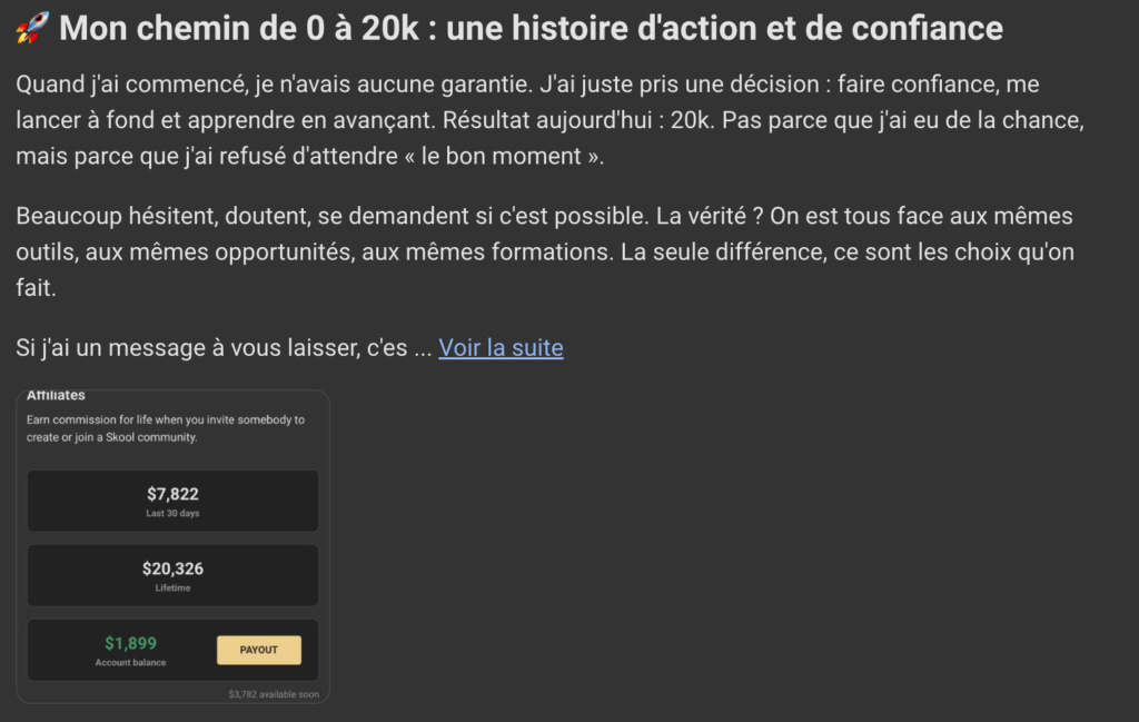 Capture d ecran montrant des revenus de 20k prouvant qu il est possible de gagner de l argent avec l affiliation grâce à la persévérance.