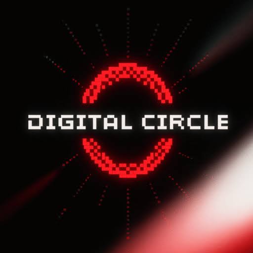 Logo digital rouge néon représentant une communauté numérique et futuriste