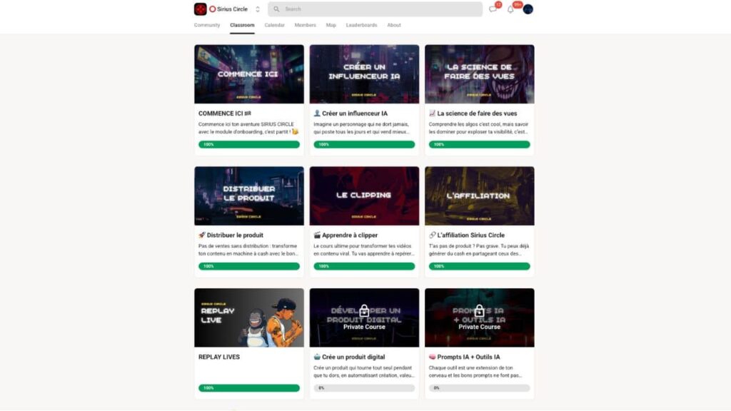 Capture d’écran du Sirius Circle montrant les modules de formation IA 2025 : créer un influenceur IA, science des vues, clipping, affiliation et création de produit digital